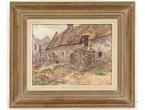 Watercolor landscape Brittany Morbihan cottage town Ploemel A.Cado twentieth