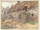 Watercolor landscape Brittany Morbihan cottage town Ploemel A.Cado twentieth