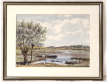 Watercolor landscape marine boats Wed marsh landscape twentieth Britain Boisecq