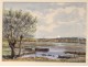 Watercolor landscape marine boats Wed marsh landscape twentieth Britain Boisecq