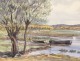 Watercolor landscape marine boats Wed marsh landscape twentieth Britain Boisecq