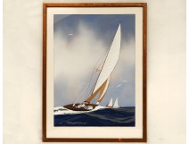 Gouache marine boat yacht sailboat regatta Wed Léon Haffner twentieth century