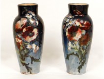 Ceramic earthenware vases pair impressionist flower nineteenth Montigny sur Loing
