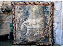 Large tapestry Aubusson pastoral scene sheep shepherd woman tapestry 18th