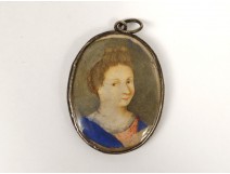 Miniature painted oval pendant portrait young woman Louis XV XVIII