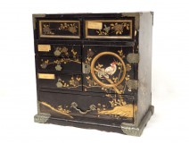 Chinese cabinet lacquered brass pearl flowers cock birds Napoleon III 19th