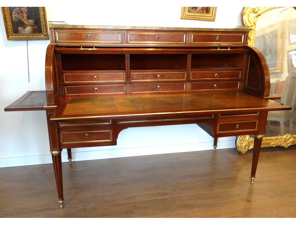 Rare Bureau Cylindre Louis Xvi Acajou Bronze Dore Marbre Serrure Trefle 18e