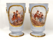 Pair of Paris porcelain vases characters gallant scene Napoleon III nineteenth
