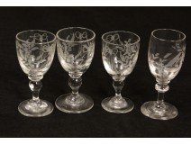 4 shot glasses engraved crystal glass flowers antique french glass nineteenth