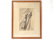 Charcoal drawing marine boat sailboat mast mature sailor René Pinard 1918 Twentieth