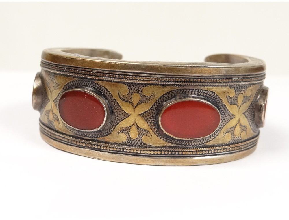 Fibule Ou Broche Kuchi Afghane - Métal Argenté Et Perles De Verre Coloré - Longueur 13 Cm - Pièce Ethnique