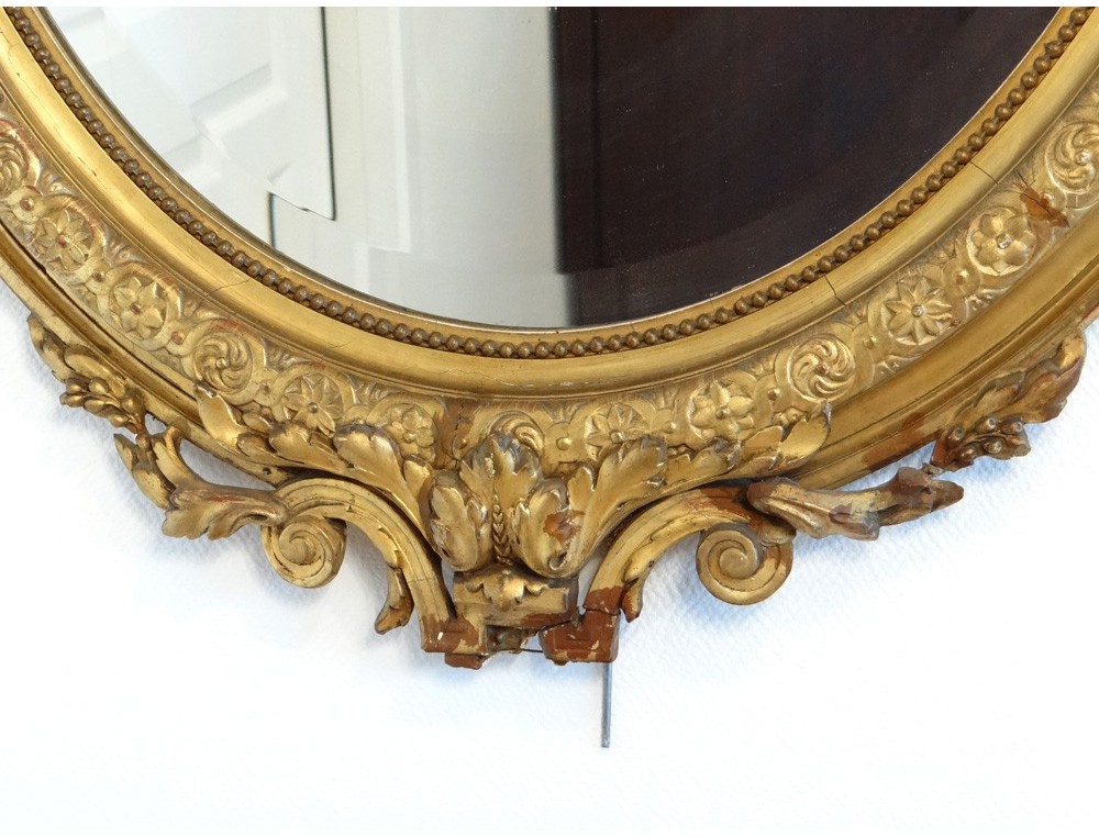 Oval Mirror Wood Frame Stucco Golden Flower Ice Bizautée Louis Oval Mirror Wood Frame Stucco Golden Flower Ice Bizautée Louis Philippe Nineteenth
