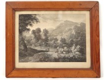 Mountain landscape engraving characters Shepherd path trees engraving nineteenth