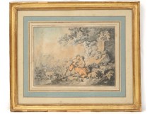 Gallant scene engraving characters shepherd sheep fountain nineteenth gilt frame