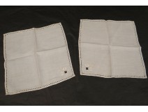 Pair old linen napkins placemats Métis embroidery flower french mat twentieth