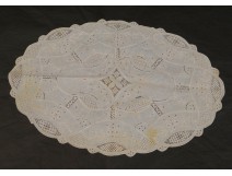 Old linen oval doily embroidery cut flowers foliage french mat twentieth