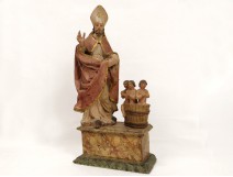 Rare polychrome wood sculpture Saint-Nicolas Bishop children Myre eighteenth