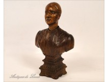 Bust of Woman in Carved Wood, Folk Art, 19th