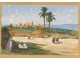 Orientalist watercolor landscape Morocco Marrakech characters Guedeler nineteenth