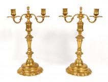 Pair candlesticks Louis XV bronze candelabras gilded C Crowned candlestick 18th