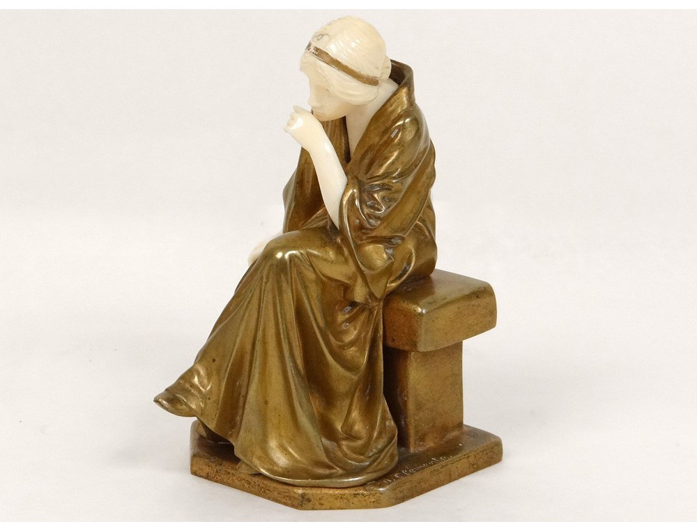 Bronze ivory sculpture chryselephantine B.Clémente woman thinker nineteenth