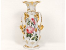 Large vase Paris porcelain flowers foliage gilt Napoleon III nineteenth