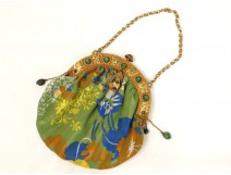 Green evening bag golden brass beads flowers nineteenth century Art Nouveau