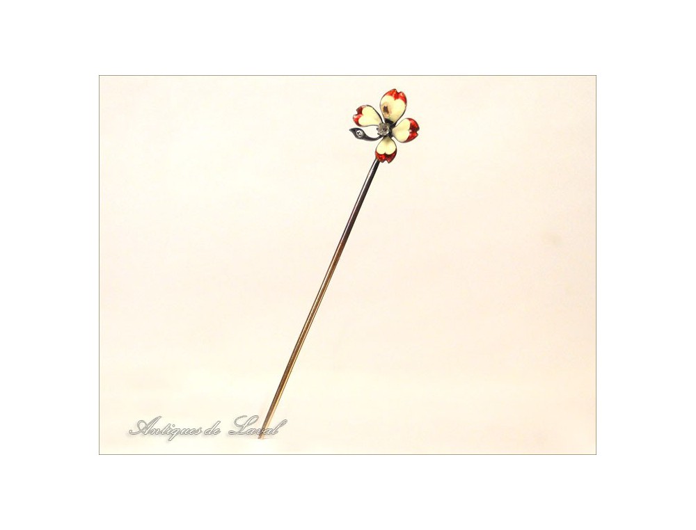 Épingle à Cravate Ancienne Art Nouveau - Or 18K Avec Fleur Et Perle Nacrée - Bijou Vintage