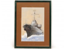 Gouache painting boat warship twentieth century