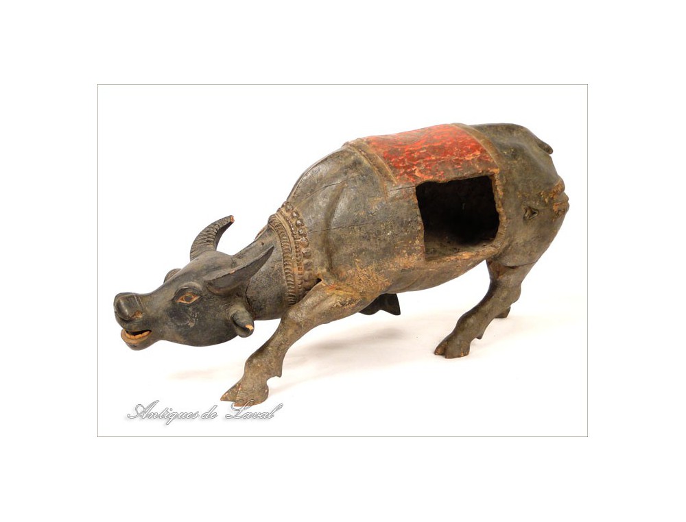 Sacred Cow Polychrome Wood Sculpture, Wooden Indian Statue Life Size In India