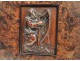 Bas-relief carved panel King David harp Israel magnifying glass adorns walnut XVII
