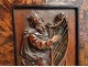 Bas-relief carved panel King David harp Israel magnifying glass adorns walnut XVII