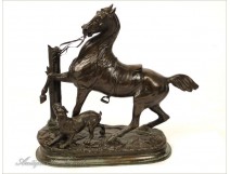 Bronze sculpture, horse and dog, DELABRIERRE, 19th