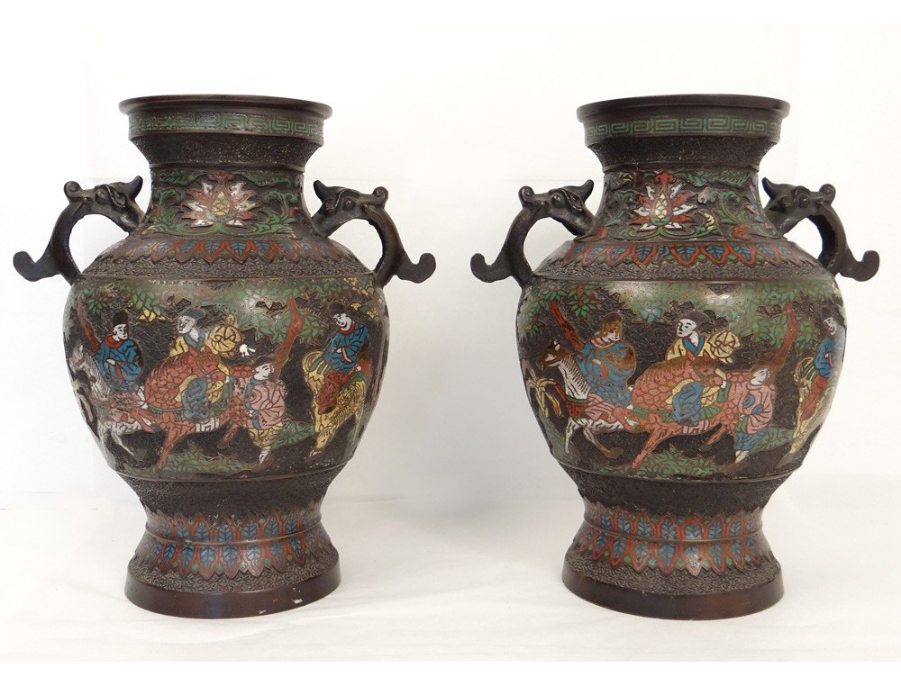 China cloisonne vases pairs bronze figures dragons horses