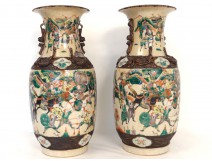 Pair Chinese porcelain vases Nanjing horses Asian characters twentieth