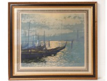Lithographie lagune Venise gondoles campanile Chabanian Italie XXè siècle