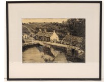 Dessin fusain moulin marée Morbihan Locmariaquer rivière Auray Touzé XXème