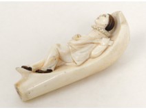 Pommeau de canne ivoire sculpté Pierrot lune mandoline XIXème siècle