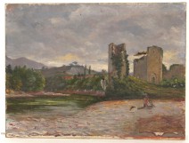 HST painting landscape castle Bellocq Pyrenees Béarn characters XIXth century