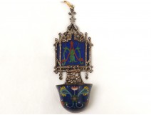 Bénitier bronze argenté émaux cloisonné croix fleurs enamel XIXème siècle