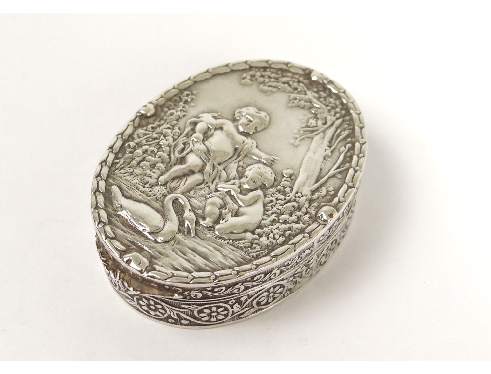 Boîte à Bijoux Ancienne En Métal Argenté - Décor Chérubins Et Fleurs, Made In Japan