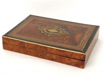 Coffret boîte à jeu marqueterie jetons bois rose laiton Napoléon III XIXème