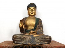 Grande sculpture statue Bouddha Indonésie bouddhisme bois laqué doré XIXème