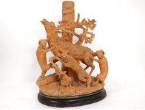 Sculpture terre cuite scène chasse cerf attaqué chiens terracotta XIXème