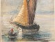 Pastel tableau marine bateau personnages barque Sud France Méditerranée XXè