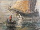 Pastel tableau marine bateau personnages barque Sud France Méditerranée XXè
