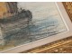 Pastel tableau marine bateau personnages barque Sud France Méditerranée XXè