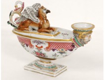 Lampe à huile porcelaine Samson griffon Compagnie Indes rose fleurs XIXème