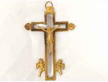 Croix crucifix christ cristal roche bronze doré palmette angelots XVIIIème