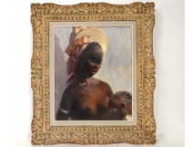 HST tableau G.Parison portrait femme africaine enfant maternité XXè siècle